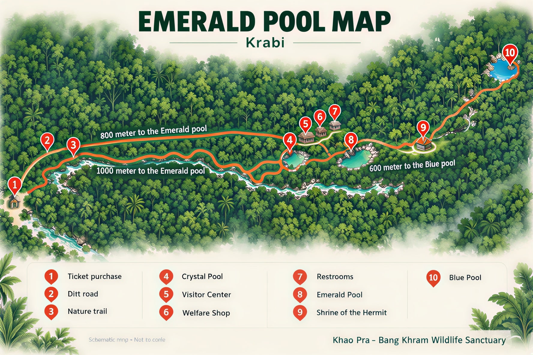 Visitor map of Emerald Pool Krabi showing the ticket point, direct route, nature trail, Crystal Pool, visitor centre, welfare shop, restrooms, Emerald Pool and Blue Pool trail