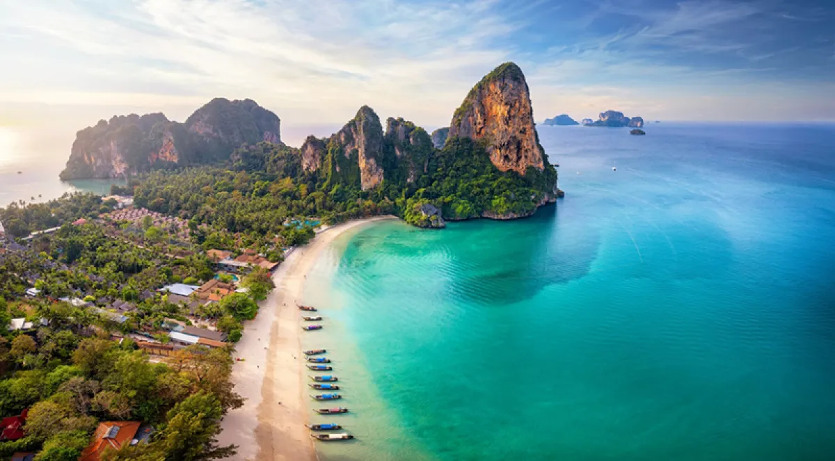 Aerial view of Railay Beach and Krabi's limestone coastline